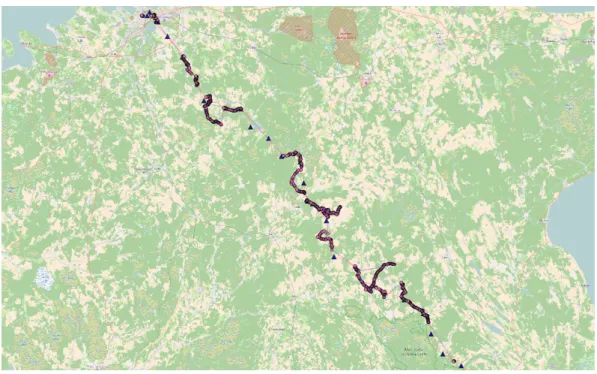 Figure 7: Trajectory reconstruction based on CDR data. Trajectory points are in pink and GPS locations are shown as blue rectangles.