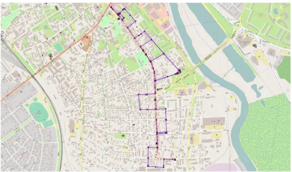 Figure 8: Trajectory reconstruction based on CDR data. GPS trajectory is in red and CDR trajectory is in blue.