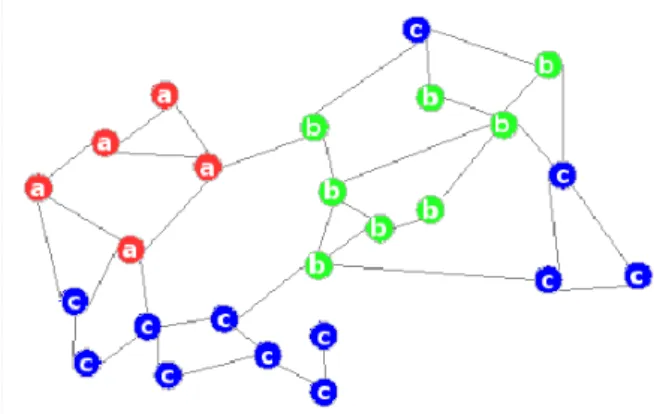 Figure 2.5: Network autocorrelation. Different nodes are given in different colors depending on the nodes’ labels.
