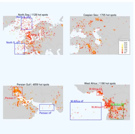 Figure 9. Maps of the hot spots within the test regions. The rectangles represent the 9 study areas (redfor ﬂaring, green for biomass burning, blue for non-ﬂaring)