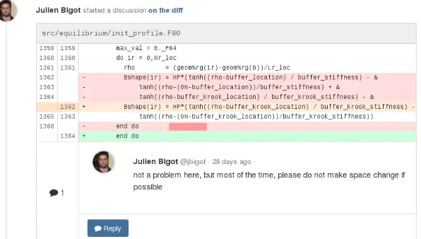Figure 3. GitLab interface to comment on a speciﬁc line of code in a merge request. Lineshighlighted in red are those removed by the merge while those in green are added