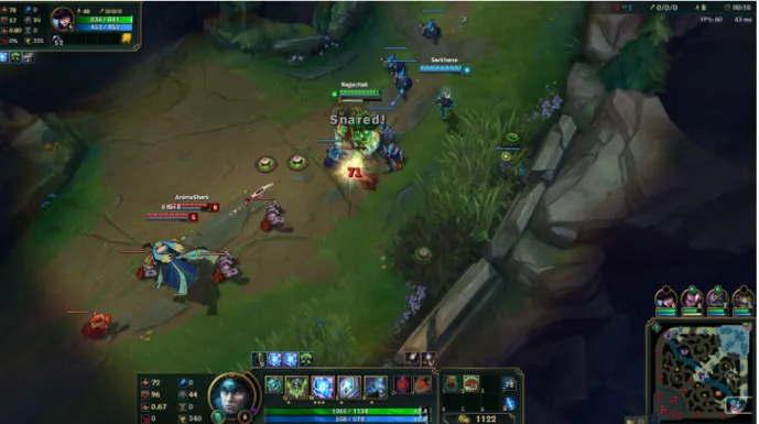 Figure 1.1.: Screenshot of a game of League of Legends™. The UI, heroes (champs) from opposing teams and computer-controlled minions can be clearly observed.