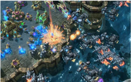 Figure 4.2.: StarCraft II: a Terran air fleet attacks a Protoss base. The improvement in graphics is notable.