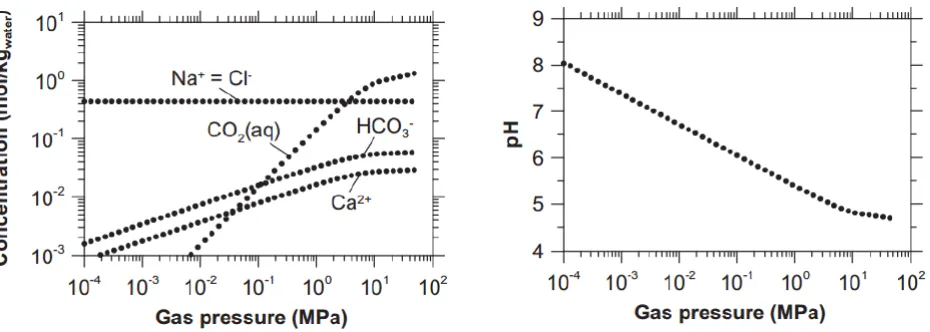 Figure 2. Concentrations of the most important chemical species (CO2(l), HCO3–, Ca2+, Cl–)and pH as a function of gas pressure