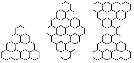 Figure 1: The benzenoid graphs T4 , R4 and X4  from left to right. 