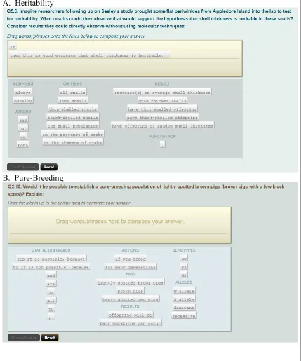 Figure 1: WordBytes questions on heritability of shell thickness (A) and pure-breeding of a heterozygous phenotype (B)