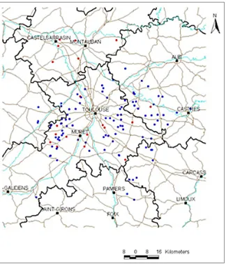 Fig. 1. Map locating the plots used in 2009. All the plots were located around Toulouse (South West France)