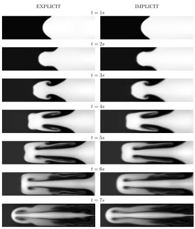 Figure 1. Rayleigh-Taylor instability computed with the explicit and implicit schemes with a1024 × 256 mesh