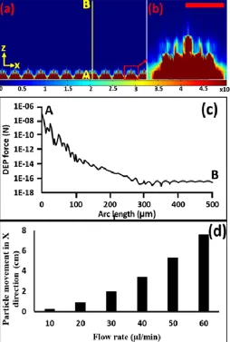 Figure 3: Calculated Electric field gradient in z direction. (a) Electric field gradient pattern in x-z plane in V2/m3, (b) enlarged image of the electric field gradient of a  single electrode cell trap in V2/m3 (scale bar indicates 25µm), (c) variation of