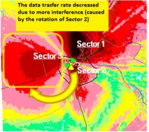 Figure  3.  The available data transfer rate within the three cells of a base station (the darker  the  area,  the  higher  the  available  speed)  –  after  the  rotation  of  sector  2  to  the  direction  of  sector 3
