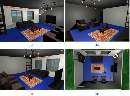 Figure 2: Renderings of virtual reality environment. (a–c) Room corners; note the various ‘markers’on the central table that users can grab and place