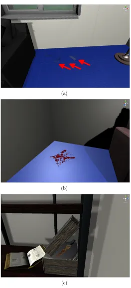 Figure 3: Renderings of three pieces of ‘evidence’ in virtual reality application. (a) Glass shardsunder a window (arrowed)