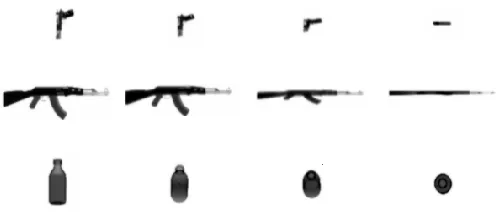 Figure 6 3D CAD model (left) and simulated X-ray projection (right) of a weapon. 