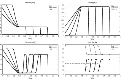 Figure 3. Numerical results of the three-phase shock tube with velocity, pressure and tem-perature relaxations : mixture at mechanical and thermal equilibrium