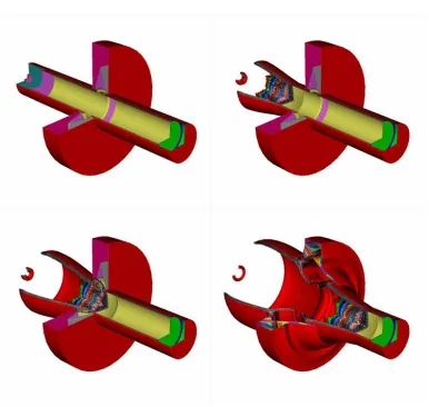Figure 5. Mixture density contours at the initial time and at three successive times showingdetonation dynamics and interfaces motion for the detonation tube problem.