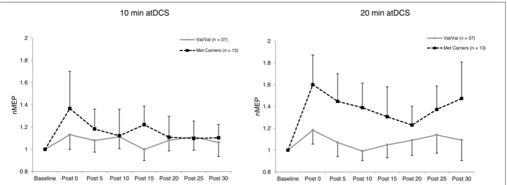 FIGURE 2 | Temporal pattern of post-stimulation response for eachatDCS session andplotted for each atDCS duration (left panel – 10 min atDCS; right panel – BDNF genotype