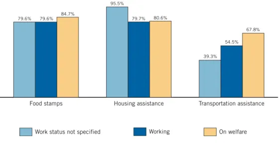 Figure 3c: Percent of U.S. General Public Sample Supporting Food Stamps, Housing Assistance, and Transportation Assistance by Work/Welfare Status, with Barrier of Few Job Skills, 2002