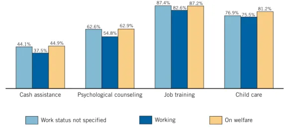 Figure 1: Percent of U.S. General Public Sample Supporting Cash Assistance, Psychological Counseling, Job Training, and Child Care by Work/Welfare Status, 2002