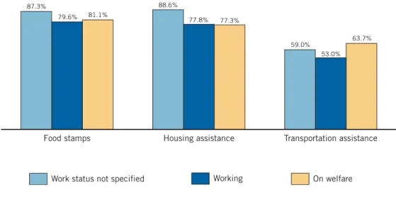 Figure 3a: Percent of U.S. General Public Sample Supporting Food Stamps, Housing Assistance, and Transportation Assistance by Work/Welfare Status, with No Barriers, 2002