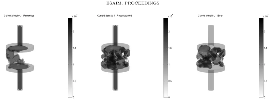 Figure 9. Current density ﬁeld in a noisy case (SNR=1/1%), with a ﬁne mesh and ﬁne sensorarray: reference (left), reconstructed (center) and error (right).