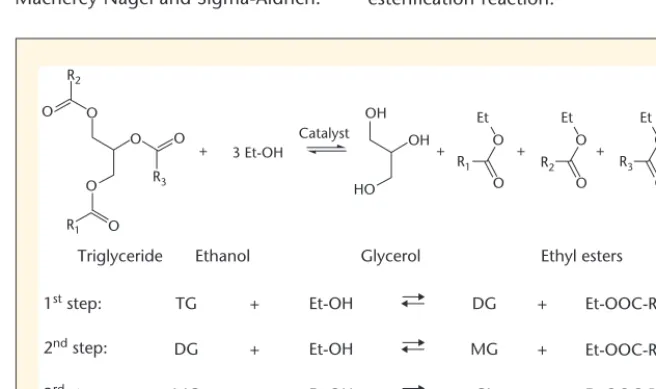 Figure 1. Global transesteriﬁcation reaction and its three consecutive steps (where R1, R2, R3 arefatty chains).