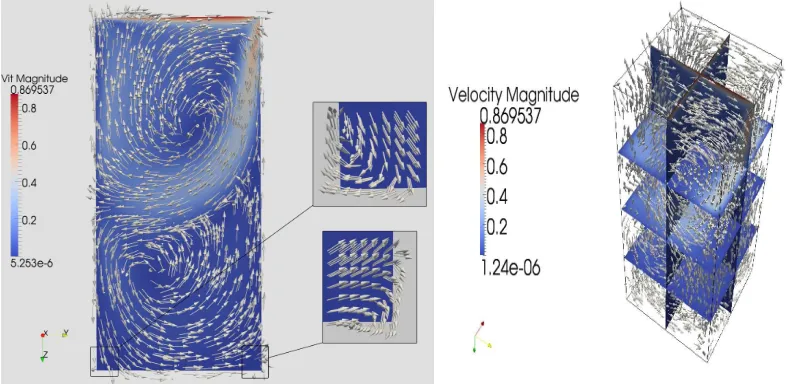 Figure 1. Double lid driven cavity problem in 3D at T = 1.4 with 64 × 64 × 128 cells inthe domain [0, 1]2 × [0, 2], the viscosity parameter ν = 10−3 (section cut at the middle of thedomain).