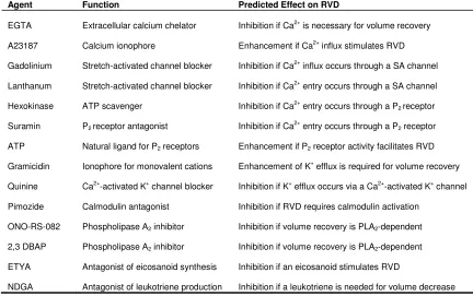Table 1.  Pharmacological agents used in cell volume studies, their functions, and my predictions as to their effects on regulatory 