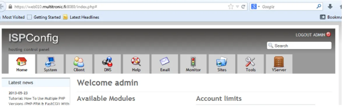 Figure 3. ISPConfig different modules. 