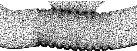 Figure 8. Finite element model of a saccular aneurysm within ten partially enclosed struts of�=0.8 mm