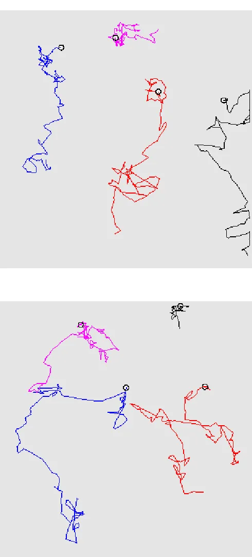 Figure 5. Chemotactic model. Random walk of some bacteria (t, b) (Exp. 3).