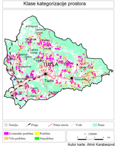 Figure 12: Land valorization for municipality Tuzla, SQL query and graphic result 