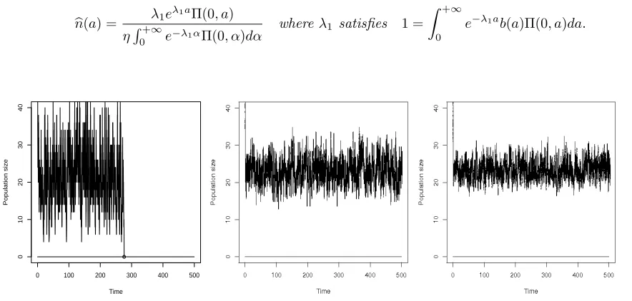 Figure 1. Simulated size of a logistic age-structured population. The model is given by (4) rescaledwith n = 1, 5 and 10 (from left to right).