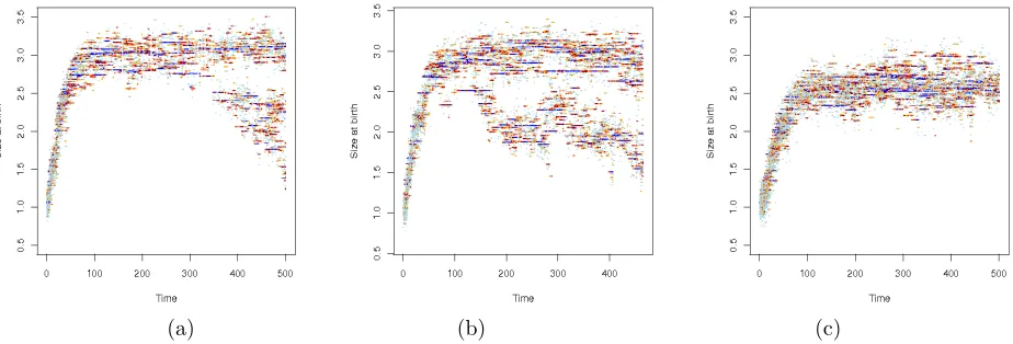 Figure 2. Trait dynamics in an age structured population with size-dependent competition.Theevolving trait is oﬀspring size