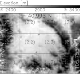 FiG. 1. Digital elevation model of the studied domain. The two plus-symbols mark locations for which individual time series are plotted in figure 5, with the upper one at fine-scale row and column (49,49) and the lower one at (27,46).