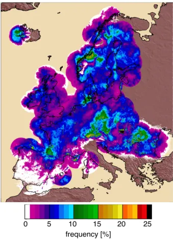 Figure  1  shows  the  map  of  the  frequency  of  observed  reflectivity  values  exceeding  10  dBZ  for  the  month of June 2013