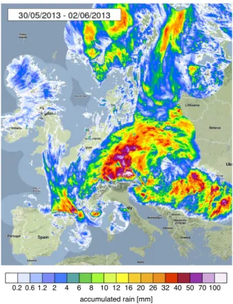 Fig.  9.  Rainfall  accumulation  estimated  from  OPERA  mosaics  corresponding  to  the  period  30  May  to  02  June 2013