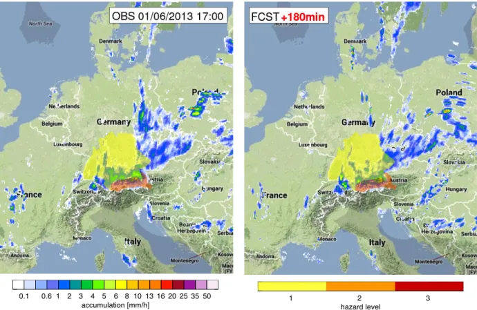Fig.  11.  Hazard  level  overplotted  on  hourly  rainfall  accumulations  for  01  June  2013  at  17:00  obtained  from  radar  observations (left), and from 3-hour rainfall forecasts (right)