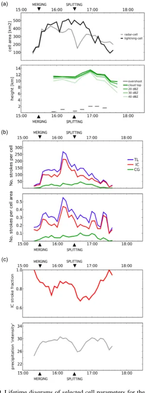 Fig. 9. Lifetime diagrams of selected cell parameters for the thun- thun-derstorm case study from 25 June 2008