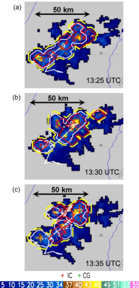 Fig. 5. Ec-TRAM snapshots showing a time sequence of the ex- ex-ample storm recorded on 15 May 2008