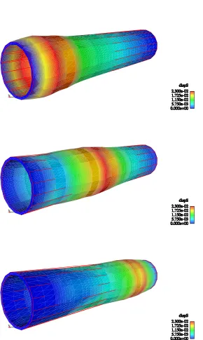 Figure 2. Deformation of the structure (magniﬁed by 3) at time 4, 8 and 13ms. Note thatthe structure is made of one layer of 3D-shell elements.