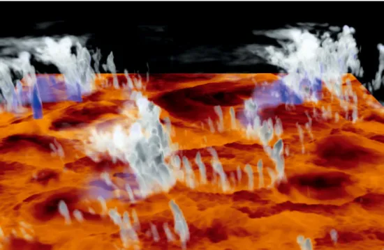 Figure 6: 3D snapshot of developing deep convection with clouds (white), precipitation (blue) and near-surface humidity (from low to high:
