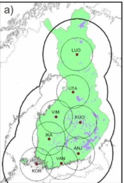 Fig. 1. (a) The rectangular frame of the map depicts the LAPS analysis domain. The red dots represent the 8 Finnish radar stations and the thick, black curved lines display their coverage