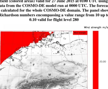 Figure 6 The figure shows a 1 hour forecast of “wind objects” (red  areas) valid for 10 August 2015 at 0100 UTC