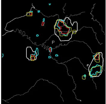 Fig. 6. Area of TMA Paris with outlines of three different  Cb objects: bottom volumes of type moderate (cyan) and  severe (red), top volumes of type moderate (white) and  lightning volumes (yellow)