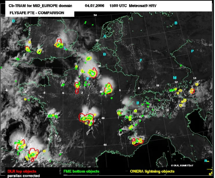 Fig. 8 shows an overlay of CB bottom and top  volumes together with lightning objects for the  continental scale area at about the same date  and time as in the TMA comparison above (5  minutes later due to refresh rate of every 15  minutes)