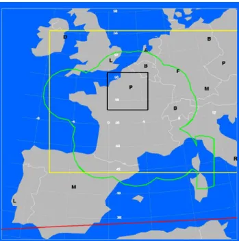 Fig. 9. Coverage areas of continental scale CB WIMS and  of TMA Paris (black square).  Coloured lines show the  coverage of various data: FMET radar composite (green),  lightning data as used by ONERA  (yellow), MSG data  for Cb-TRAM (DLR) in all the area 