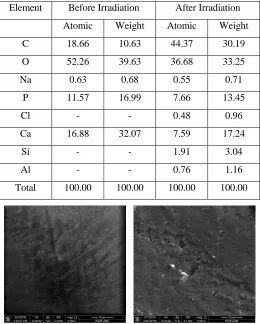 Table 3: Identified elements by atomic percentage and weight percentage, before and after laser irradiation at 100 J/cm2