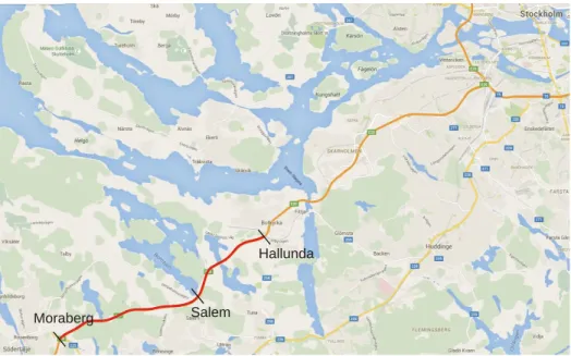Figure 1: The E4 Södertälje motorway with the project between interchange Hallunda and interchange Moraberg  and the interchange Salem in between