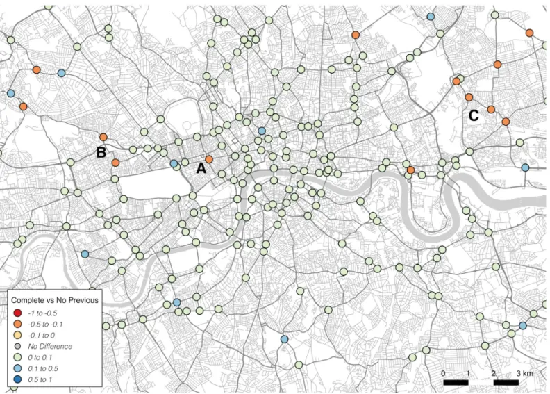 Fig 5. Spatial variation by junction in the difference in precision between complete MCMC model and equivalent model excluding previous junction influence.