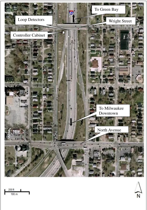 FIGURE 4.1. Data Collection Site.  Wright Street North Avenue Loop Detectors Controller Cabinet To Green Bay To Milwaukee Downtown 